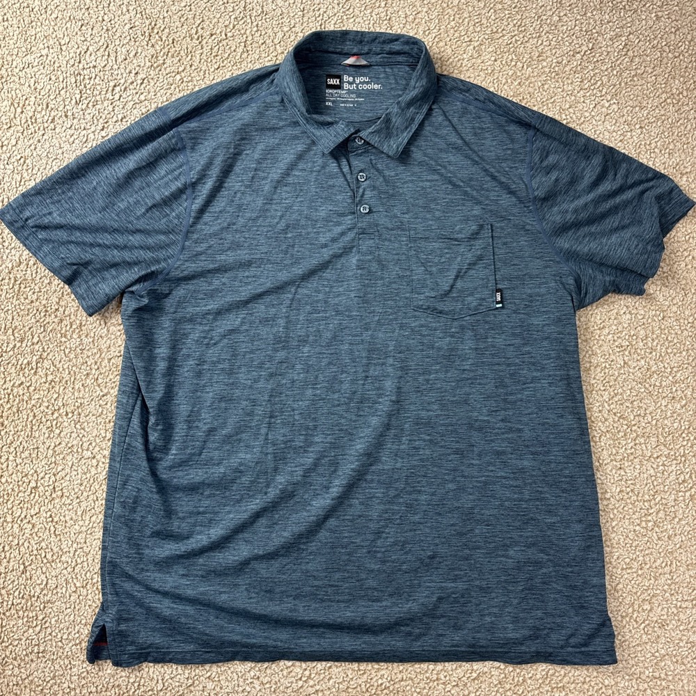 Saxx DropTemp All Day Cooling Polo Shirt Mens 2XL Blue Heathered Pocket Golf Tee